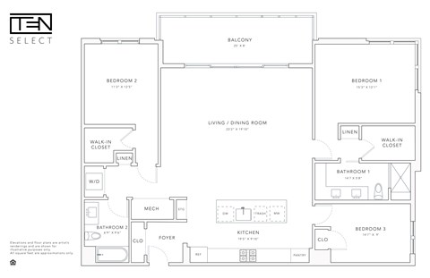 Floor plan for 3 beds, 2 baths, 1671 sqft